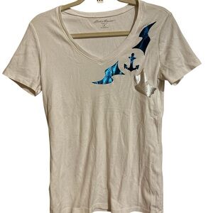 White upcycle metallic nautical Eddie bauer TShirt shortsleeve ladies top medium